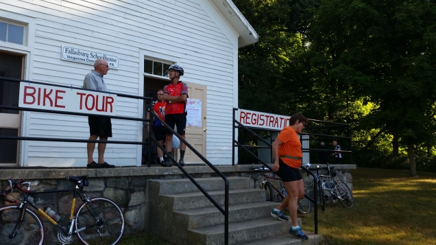 Bikers register at the schoolhouse.